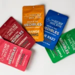 Colorful cannabis edible packaging displayed