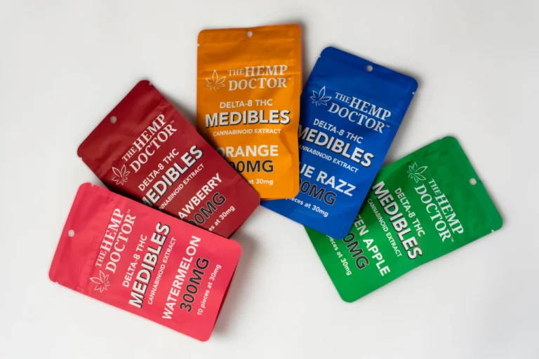 Colorful cannabis edible packaging displayed