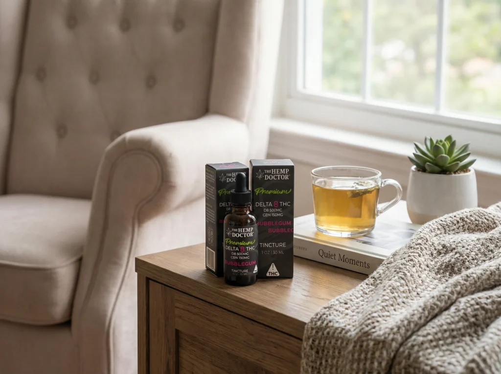 Tincture bottle beside tea and blanket