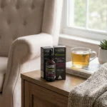 Tincture bottle beside tea and blanket