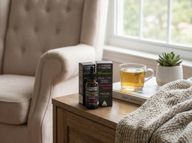 Tincture bottle beside tea and blanket
