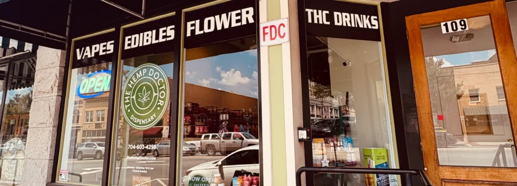 Front windows of The Hemp Doctor store in downtown Salisbury, NC