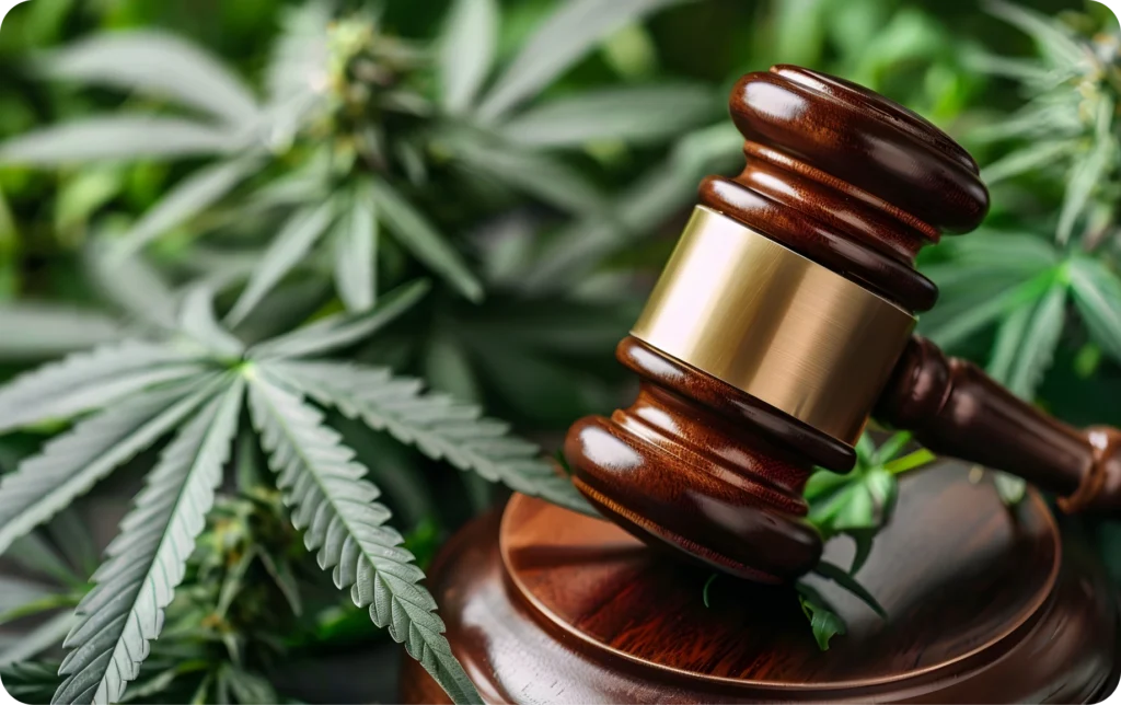 Wooden gavel resting among green hemp leaves