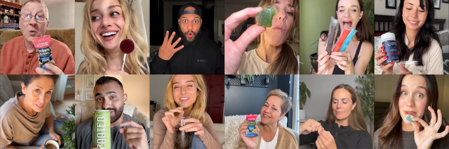 Collage of Hemp Doctor customers showing their gummies, vapes and flower in their own video reviews