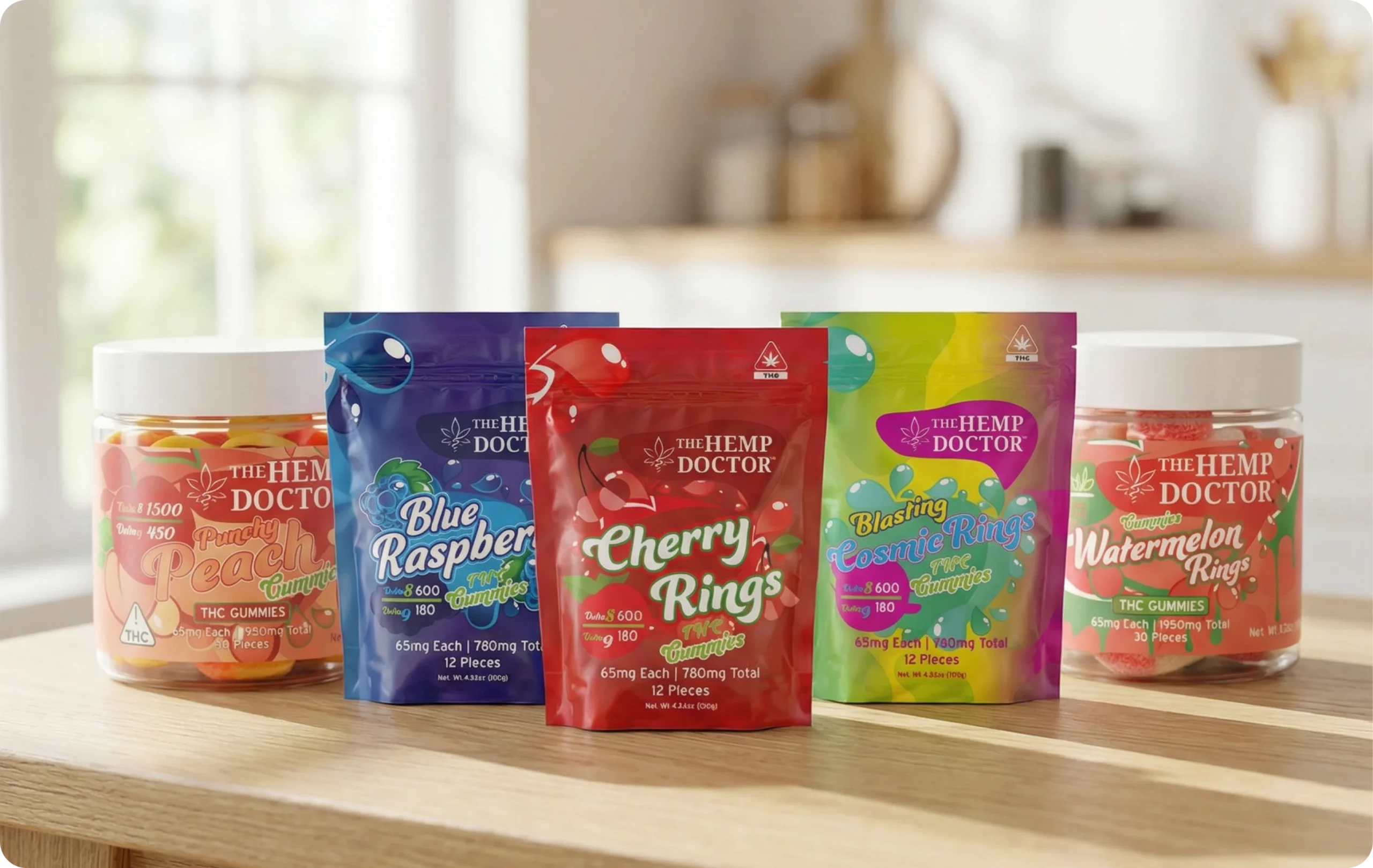 The Hemp Doctor Delta 8 THC Blue Raspberry, Cherry Rings and Watermelon Rings gummy pouches