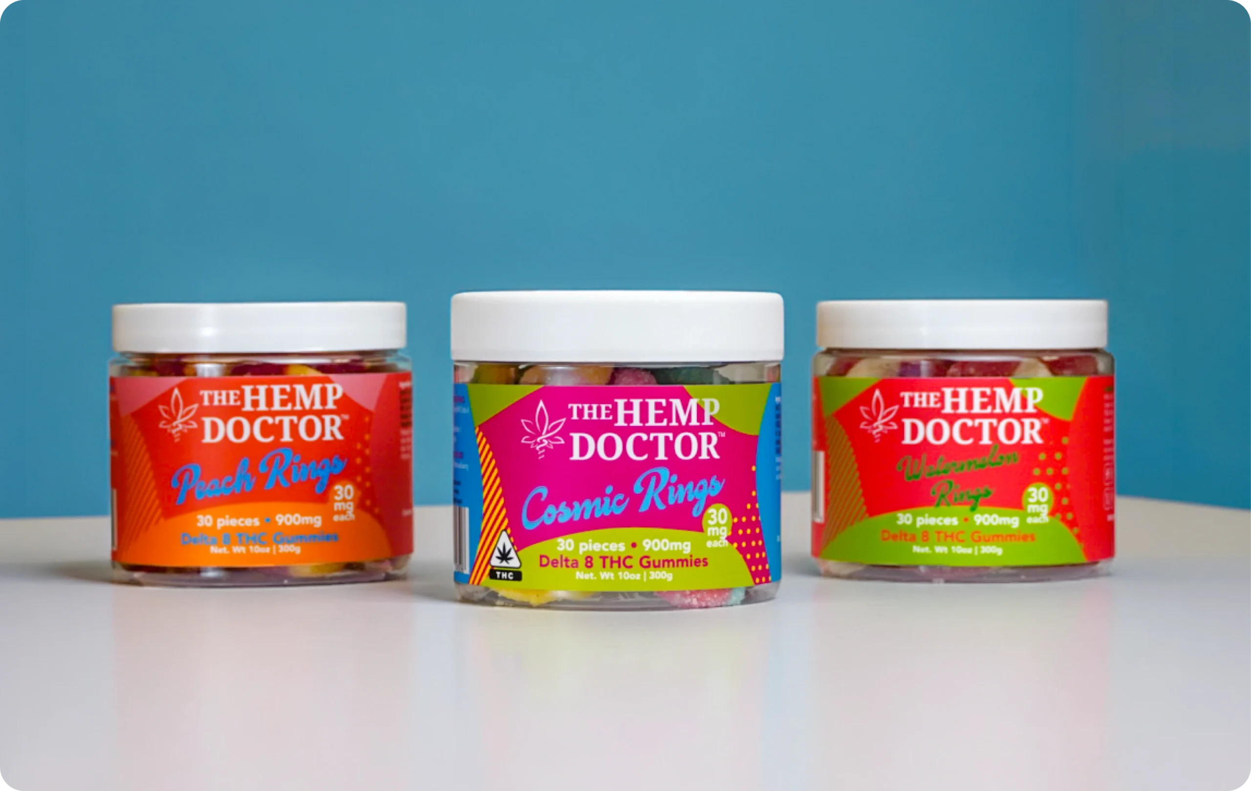 The Hemp Doctor Delta 8 THC Peach Rings, Cosmic Rings and Watermelon Rings gummy jars