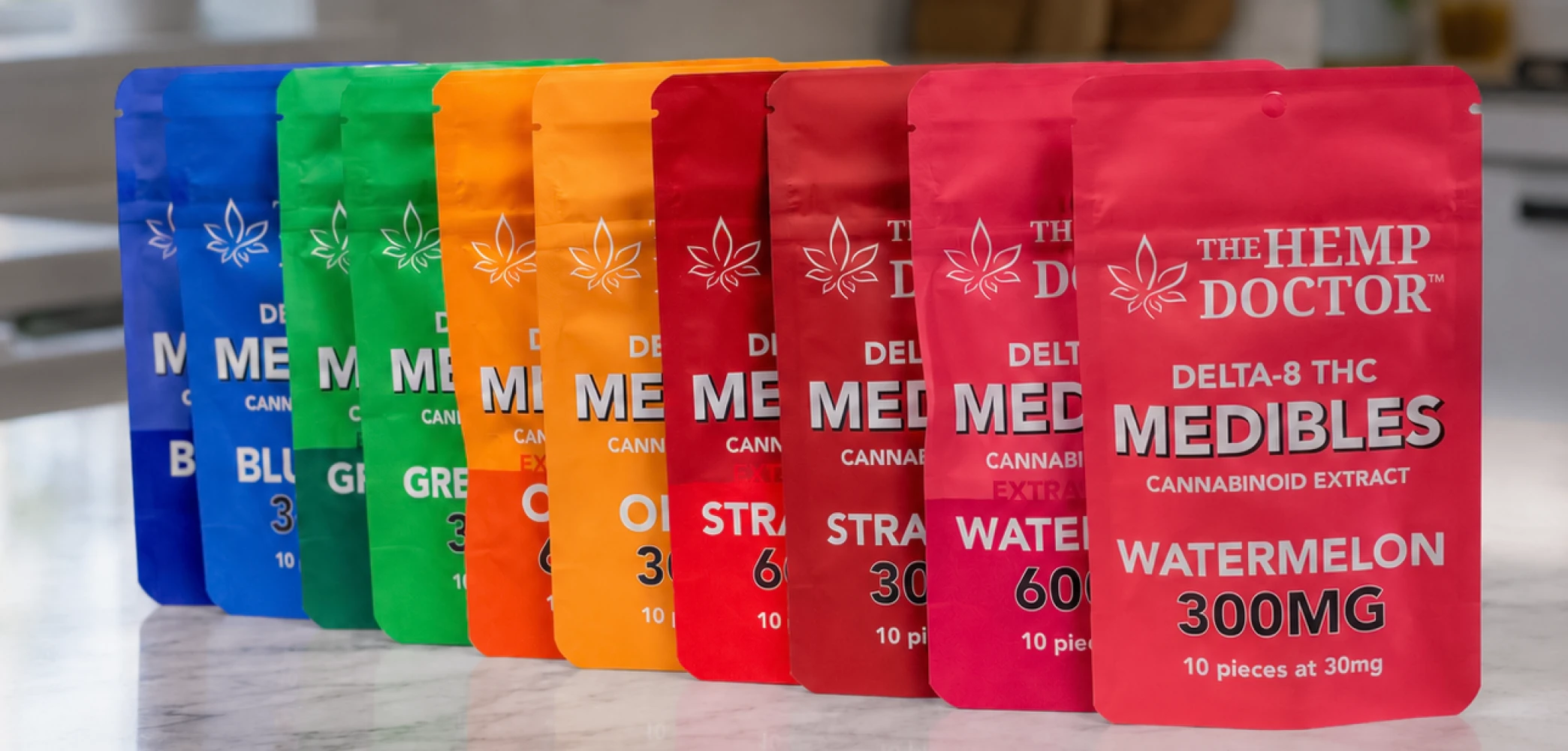 A rainbow line-up of The Hemp Doctor Medibles gummy bags