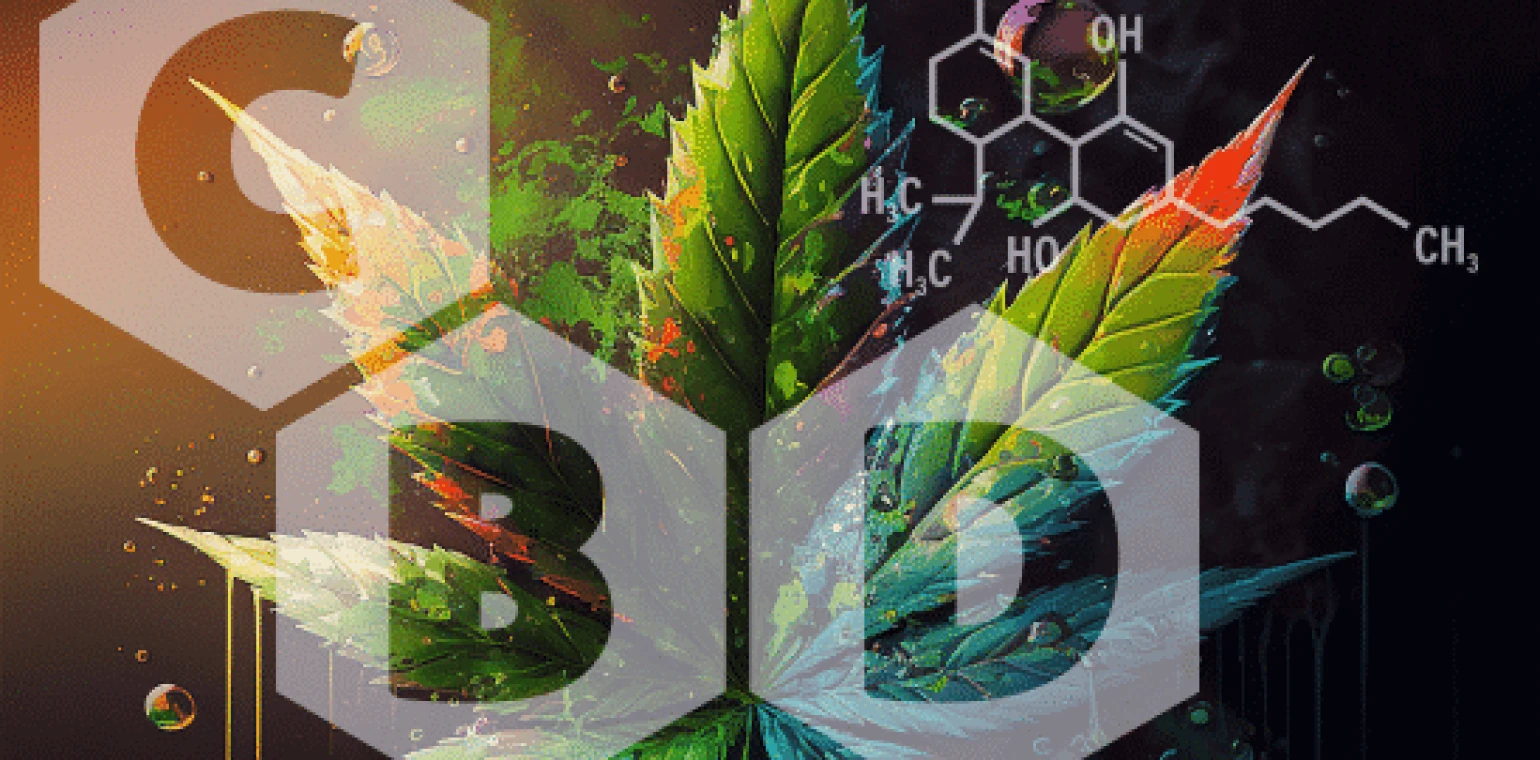 CBD lettering over a hemp leaf and molecule diagram