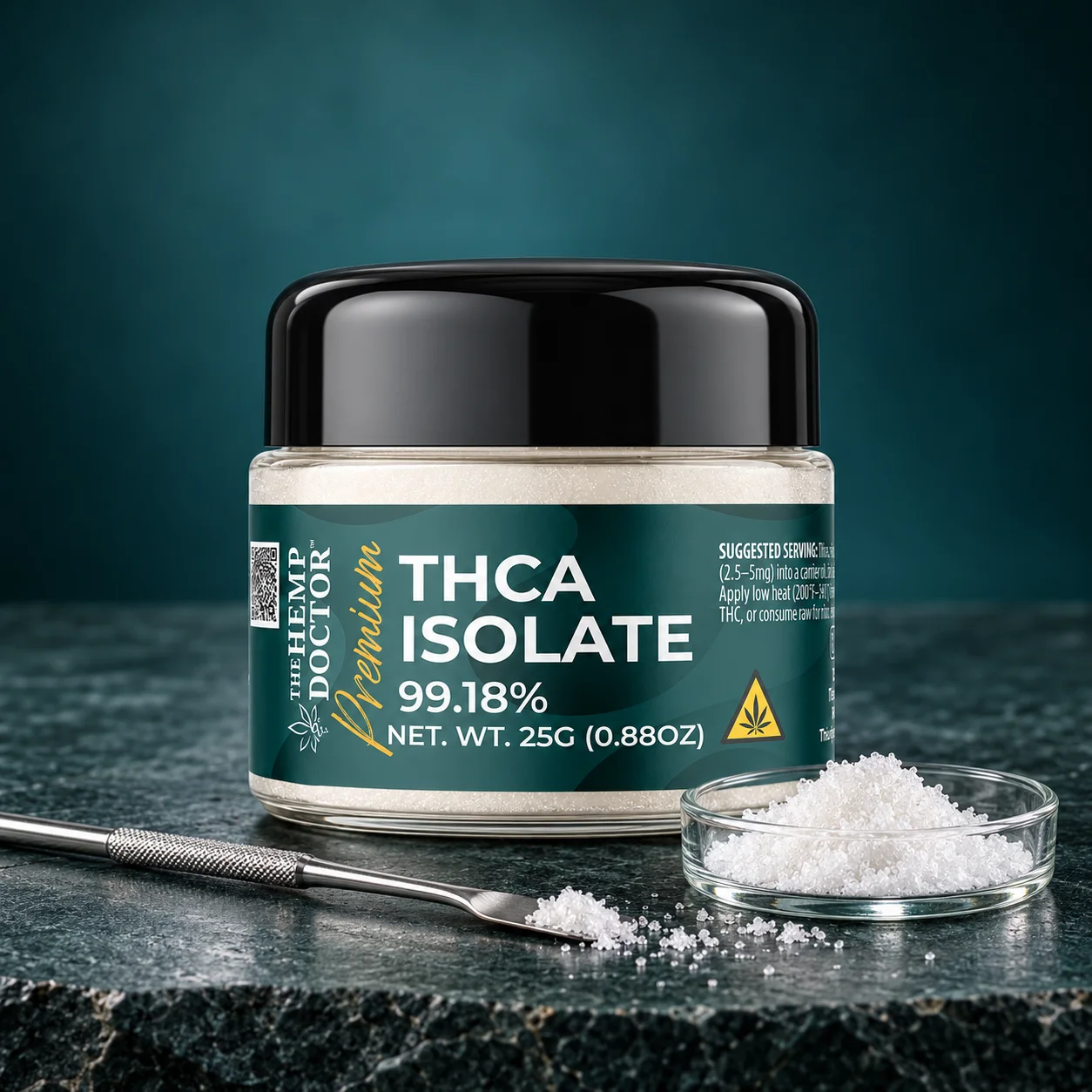 Container of THCA isolate on surface