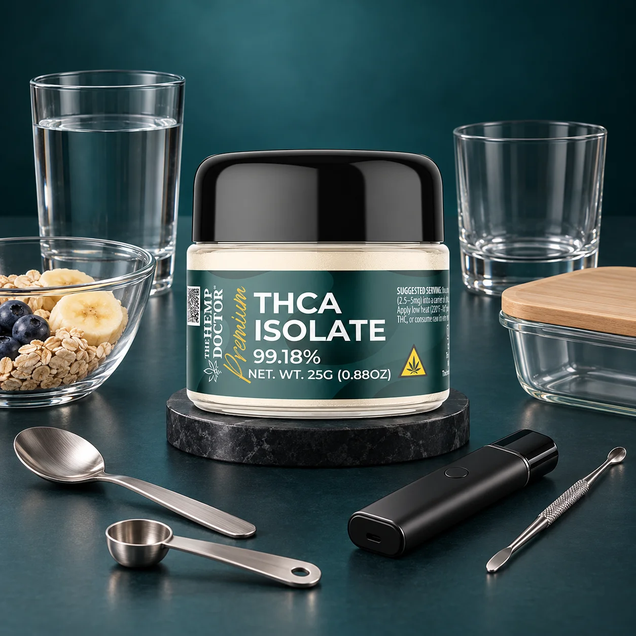 THCA isolate jar with various props